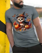 Cute Halloween Owl Pumpkin Witch Hat T-shirt - model in grey shirt leaning against column