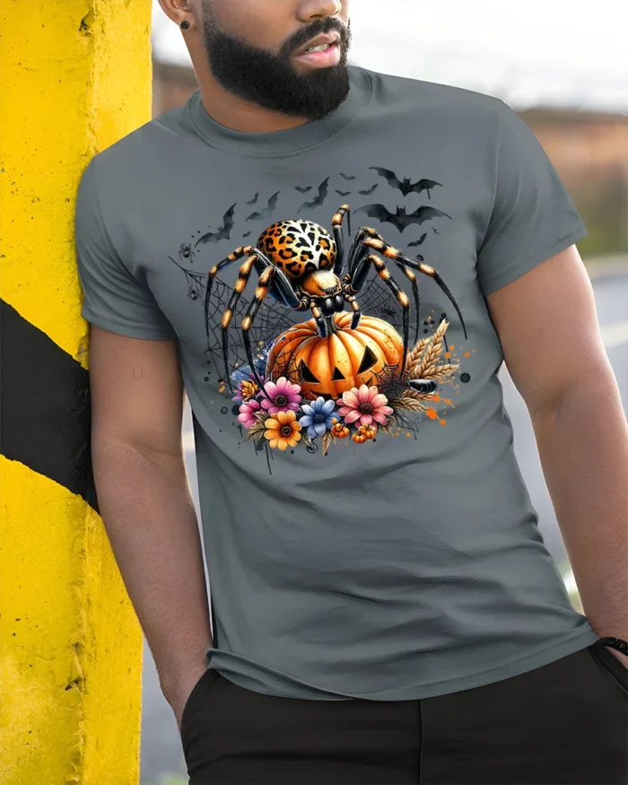 Leopard Spider Pumpkin Halloween Night T-shirt - model in grey shirt leaning against column