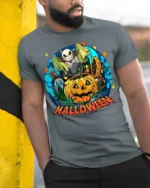 Spooky Pumpkin Bat Moon Halloween Night T-shirt - model in grey shirt leaning against column