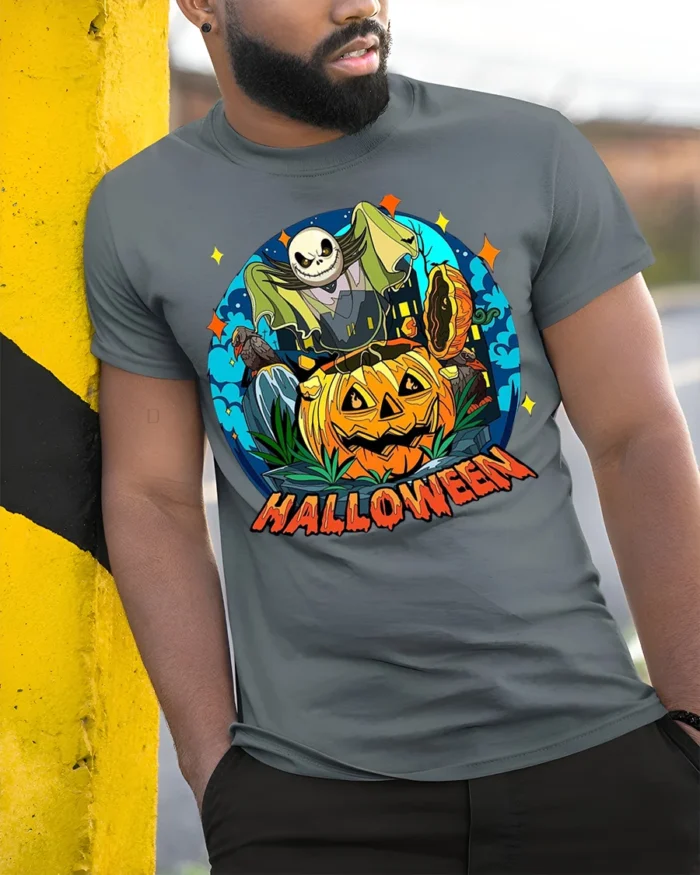 Spooky Pumpkin Bat Moon Halloween Night T-shirt - model in grey shirt leaning against column