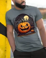 Evil Jack-o-Lantern Haunted House Halloween T-shirt - model in grey shirt leaning against column
