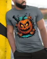 Fiery Evil Jack-o-Lantern Halloween T-shirt - model in grey shirt leaning against column