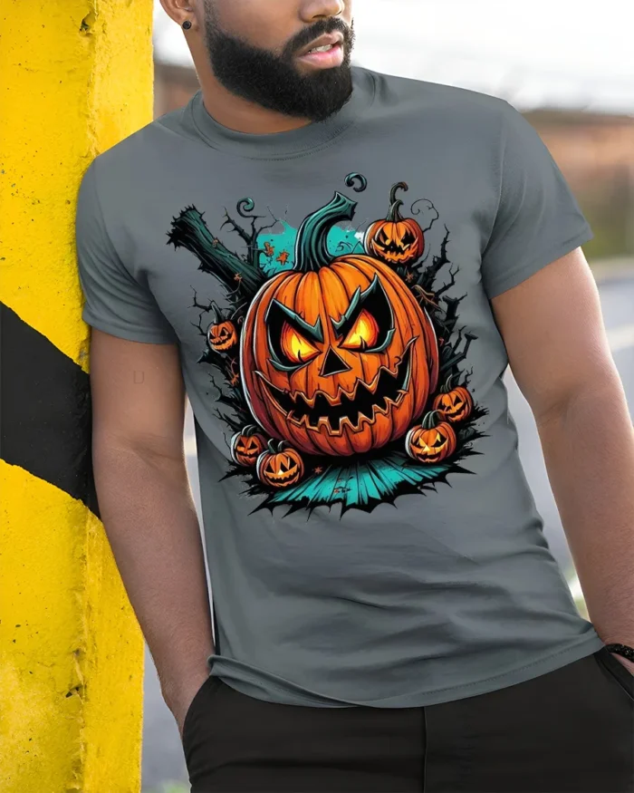 Fiery Evil Jack-o-Lantern Halloween T-shirt - model in grey shirt leaning against column