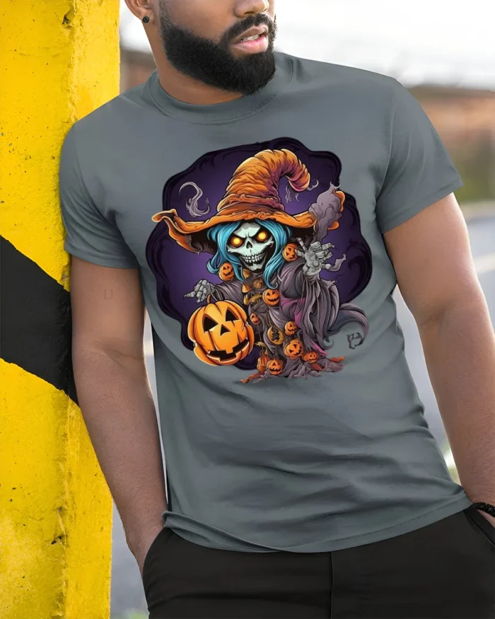 Haunted Pumpkin Skeleton Witch Halloween T-shirt - model in grey shirt leaning against column