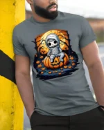 Cute Baby Mummy Sitting on Pumpkin Halloween T-shirt - model in grey shirt leaning against column