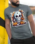 Cute Halloween Skeleton with Pumpkins T-shirt - model in grey shirt leaning against column