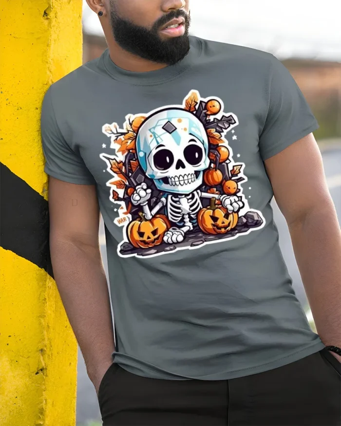 Cute Halloween Skeleton with Pumpkins T-shirt - model in grey shirt leaning against column