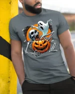 Skeleton Ghost Pumpkin Horror Halloween T-shirt - model in grey shirt leaning against column