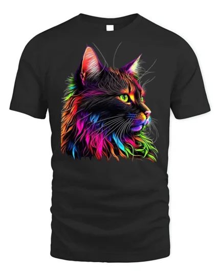 Neon Rainbow Cat Graphic Print T-shirt - black t-shirt on white background
