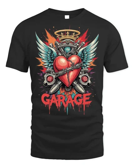 Garage Heart Wings Crown Engine Graphic T-shirt - black t-shirt on white background