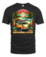 California Style Surf Van Sunset Graphic T-shirt - black t-shirt on white background