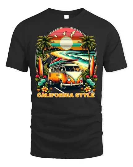 California Style Surf Van Sunset Graphic T-shirt - black t-shirt on white background