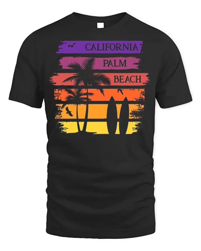 California Palm Beach Sunset Surf Graphic T-shirt - black t-shirt on white background