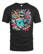 Funky Coffee Cup Headphones Music Graphic T-shirt - black t-shirt on white background