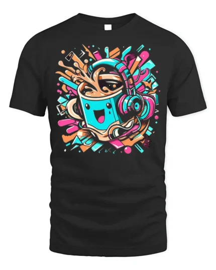 Funky Coffee Cup Headphones Music Graphic T-shirt - black t-shirt on white background