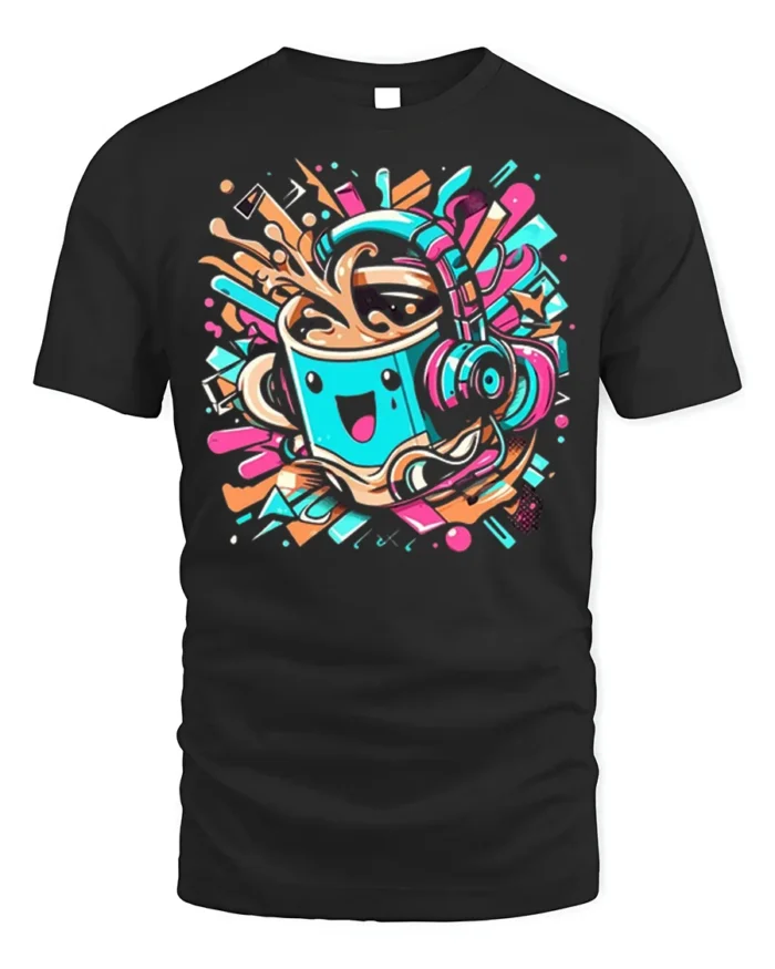 Funky Coffee Cup Headphones Music Graphic T-shirt - black t-shirt on white background