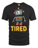 Funny Tired Robot Retro Cartoon Graphic T-shirt - black t-shirt on white background
