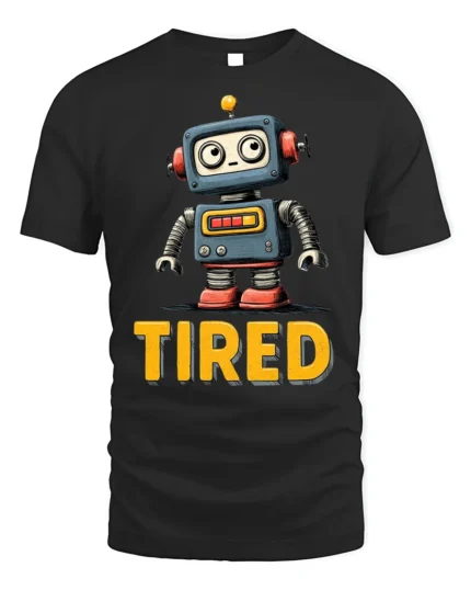 Funny Tired Robot Retro Cartoon Graphic T-shirt - black t-shirt on white background