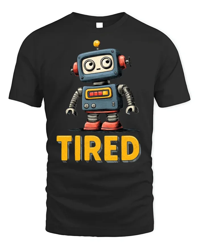 Funny Tired Robot Retro Cartoon Graphic T-shirt - black t-shirt on white background