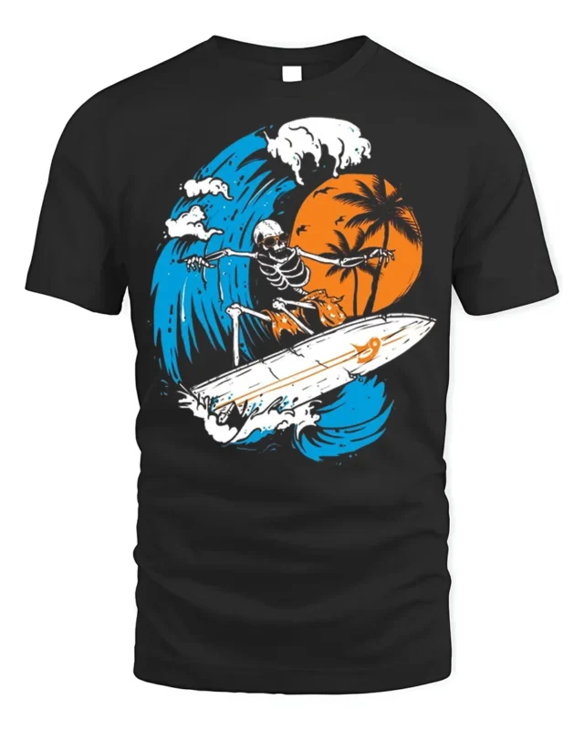 Skeleton Surfing Big Wave Sunset Graphic T-shirt - black t-shirt on white background