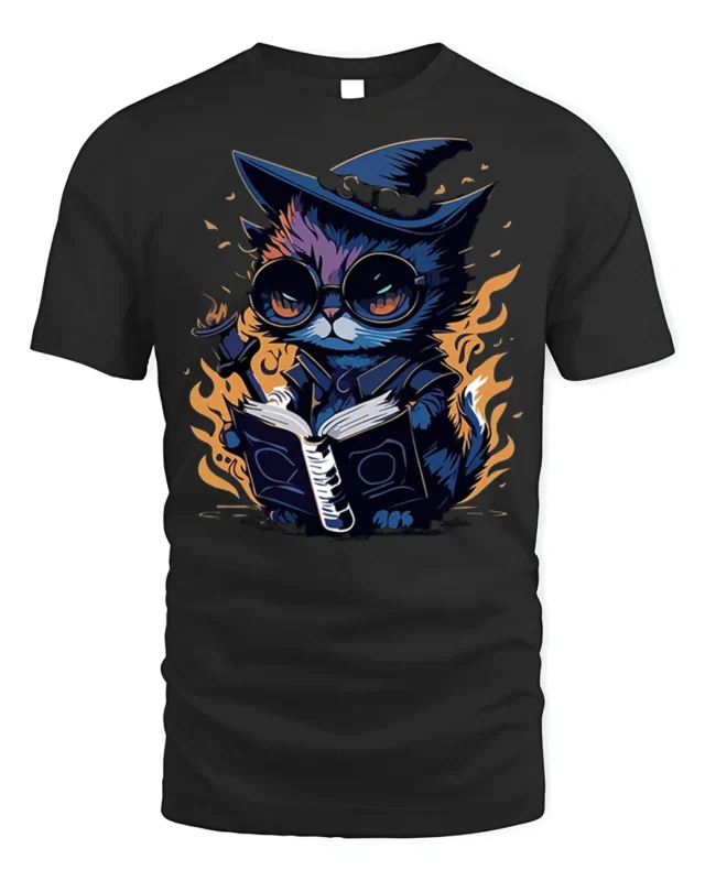 Mystical Wizard Cat Magic Book Graphic T-shirt - black t-shirt on white background