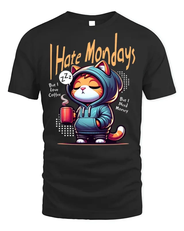 I Hate Mondays Funny Cat Coffee Graphic T-shirt - black t-shirt on white background