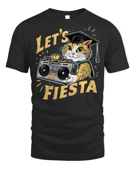 Graduation Cat Let’s Fiesta Funny Party T-shirt - black t-shirt on white background