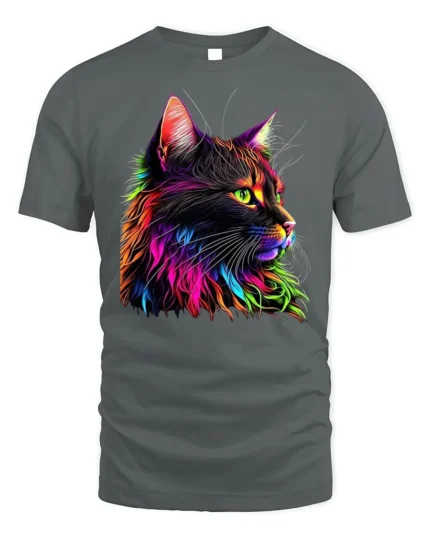 Neon Rainbow Cat Graphic Print T-shirt - gray t-shirt on white background