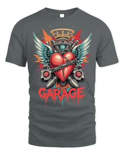 Garage Heart Wings Crown Engine Graphic T-shirt - gray t-shirt on white background