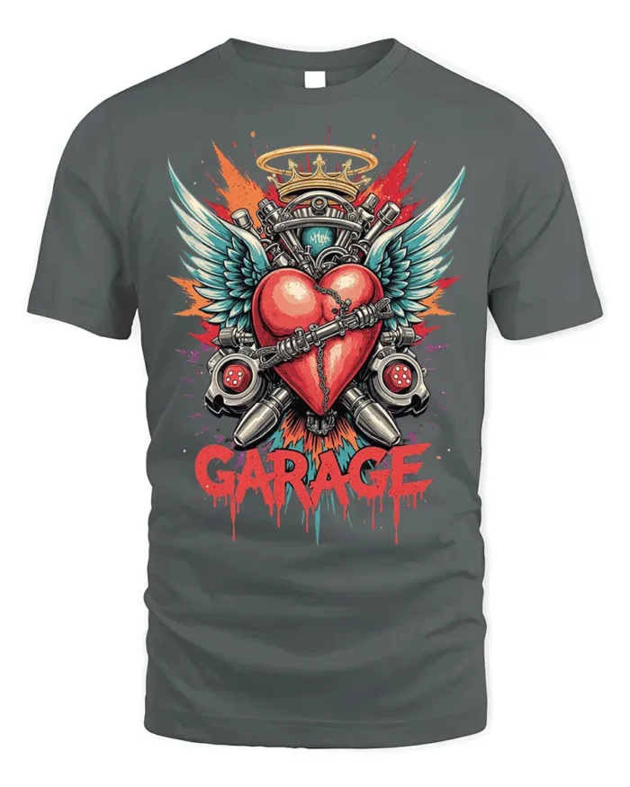 Garage Heart Wings Crown Engine Graphic T-shirt - gray t-shirt on white background