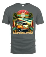 California Style Surf Van Sunset Graphic T-shirt - gray t-shirt on white background