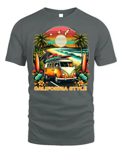California Style Surf Van Sunset Graphic T-shirt - gray t-shirt on white background