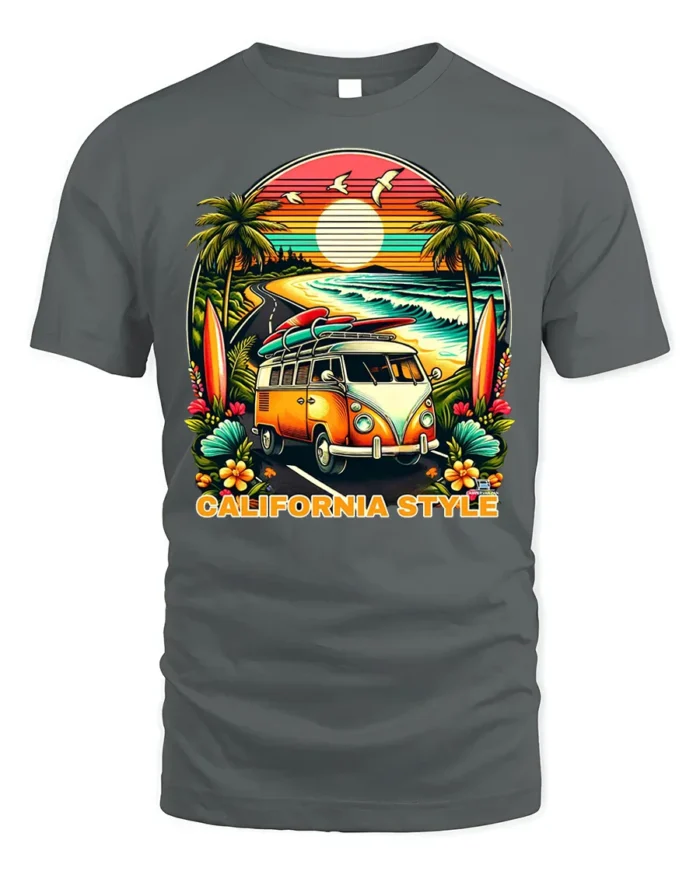 California Style Surf Van Sunset Graphic T-shirt - gray t-shirt on white background