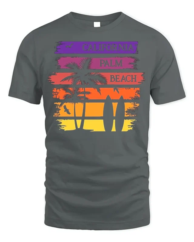California Palm Beach Sunset Surf Graphic T-shirt - gray t-shirt on white background