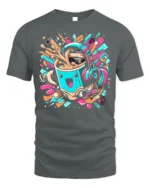 Funky Coffee Cup Headphones Music Graphic T-shirt - gray t-shirt on white background