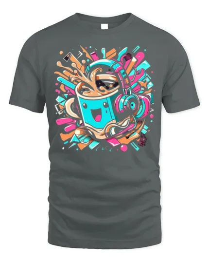 Funky Coffee Cup Headphones Music Graphic T-shirt - gray t-shirt on white background