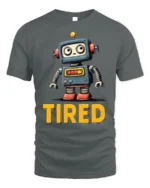 Funny Tired Robot Retro Cartoon Graphic T-shirt - gray t-shirt on white background