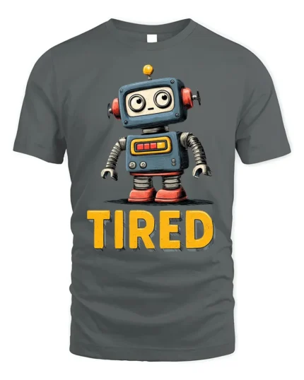 Funny Tired Robot Retro Cartoon Graphic T-shirt - gray t-shirt on white background