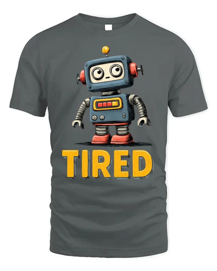 Funny Tired Robot Retro Cartoon Graphic T-shirt - gray t-shirt on white background