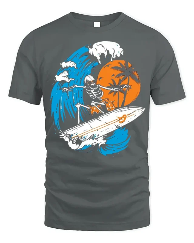 Skeleton Surfing Big Wave Sunset Graphic T-shirt - gray t-shirt on white background