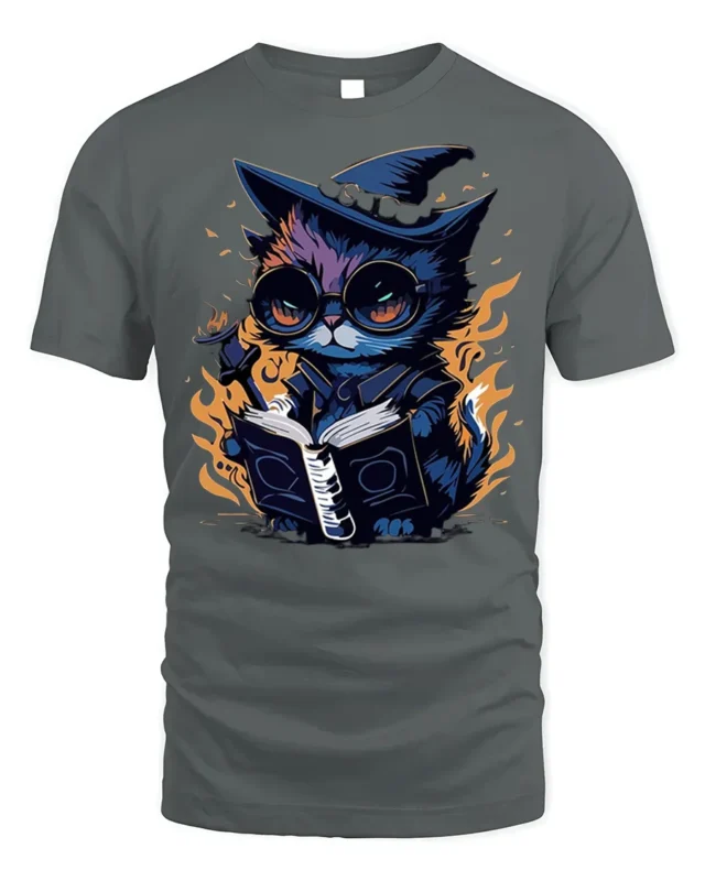 Mystical Wizard Cat Magic Book Graphic T-shirt - gray t-shirt on white background