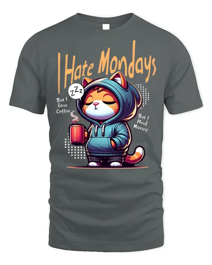 I Hate Mondays Funny Cat Coffee Graphic T-shirt - gray t-shirt on white background