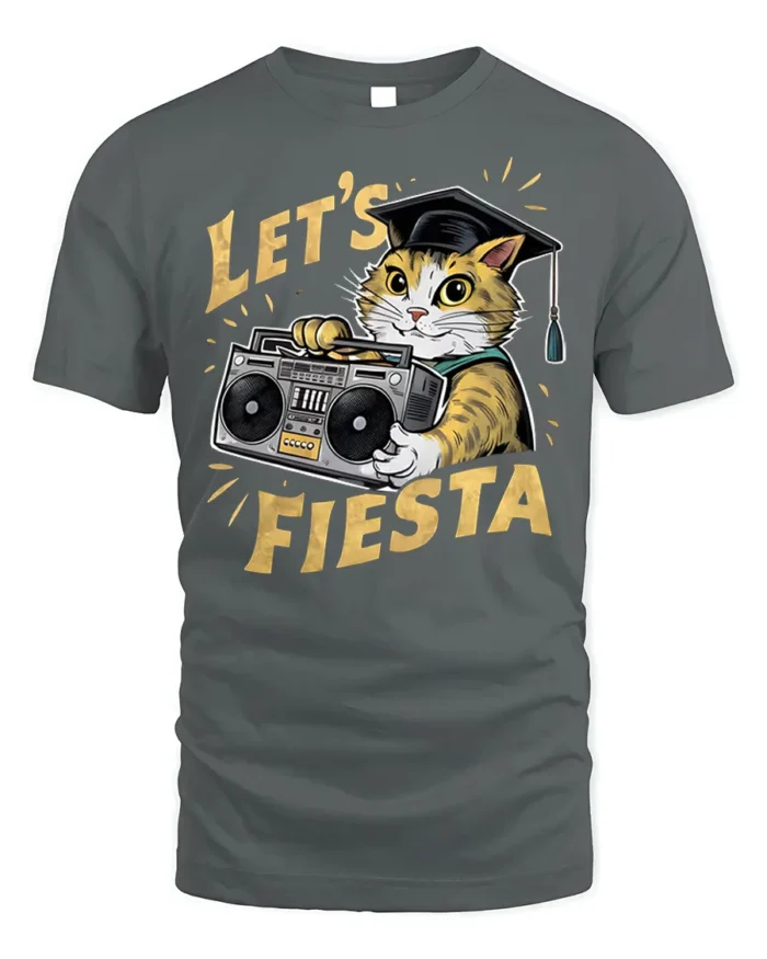 Graduation Cat Let’s Fiesta Funny Party T-shirt - gray t-shirt on white background