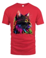 Neon Rainbow Cat Graphic Print T-shirt - red t-shirt on white background