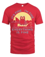 Funny Cat Everything Is Fine Graphic T-shirt - red t-shirt on white background
