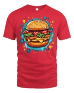 Juicy Burger Foodie Graphic Print Black T-shirt - red t-shirt on white background