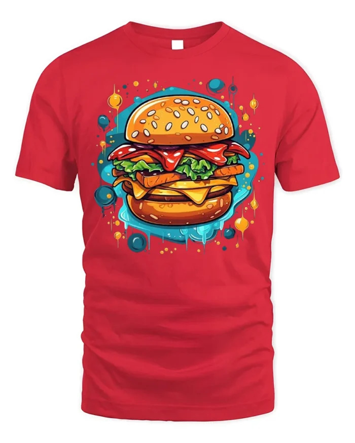 Juicy Burger Foodie Graphic Print Black T-shirt - red t-shirt on white background