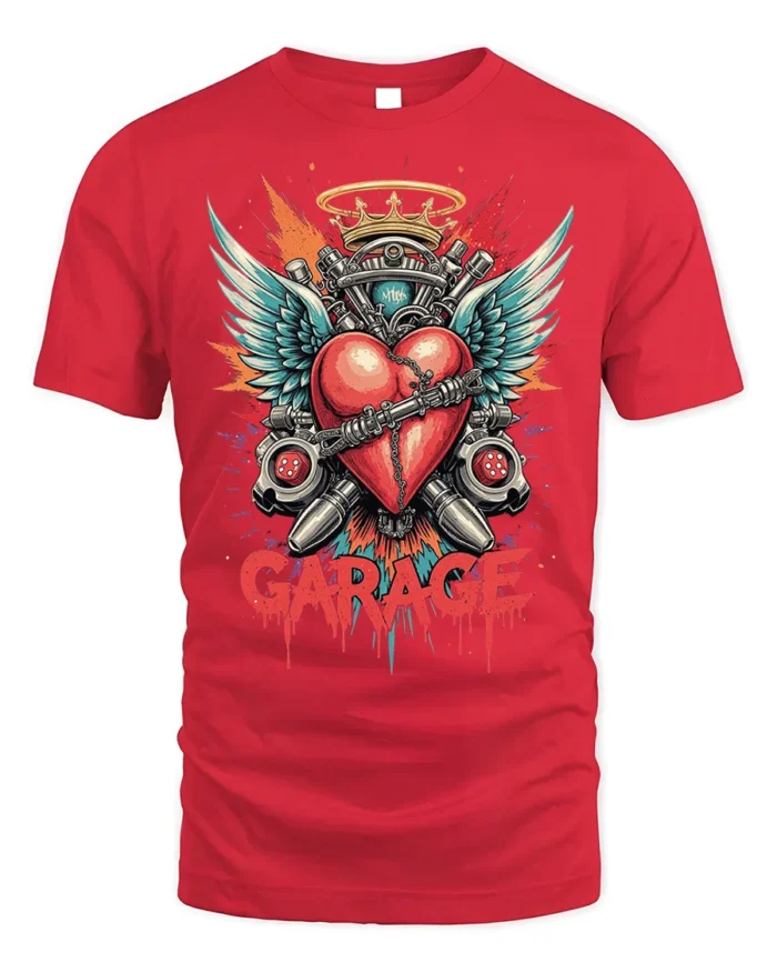 Garage Heart Wings Crown Engine Graphic T-shirt - red t-shirt on white background