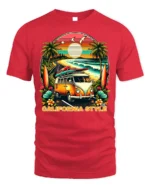 California Style Surf Van Sunset Graphic T-shirt - red t-shirt on white background