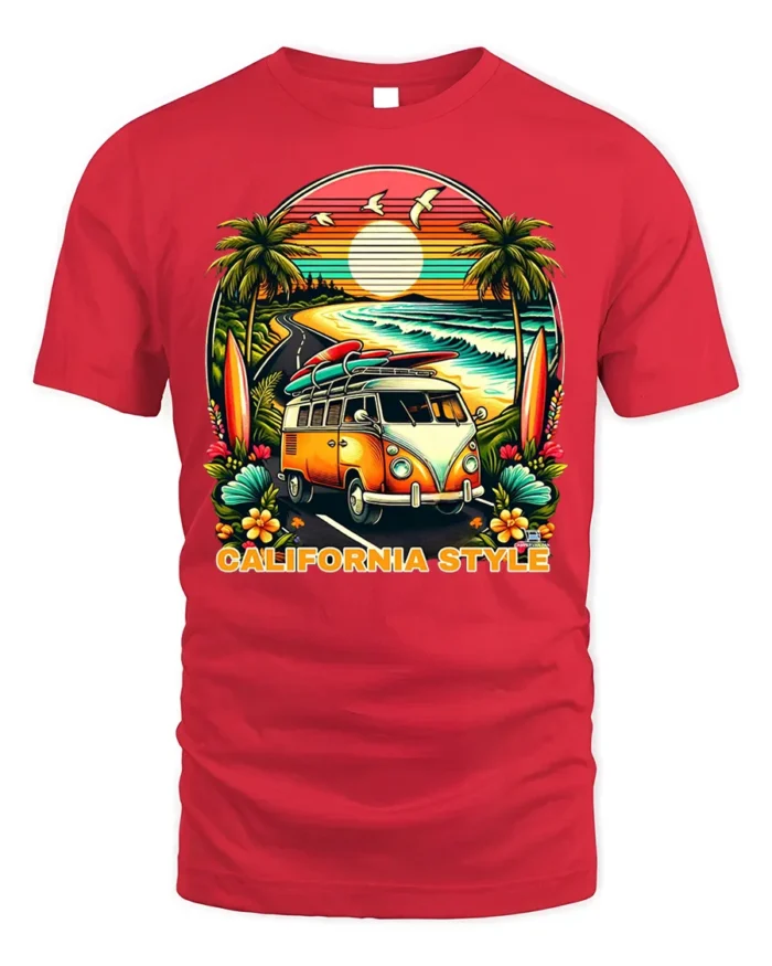 California Style Surf Van Sunset Graphic T-shirt - red t-shirt on white background
